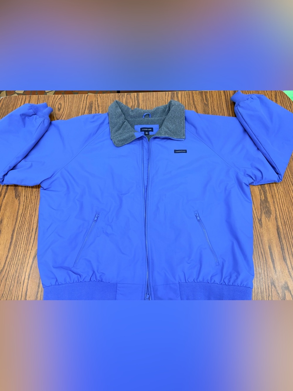 Lands' End Men's Royal Blue Full-Zip Windbreaker with Gray Collar